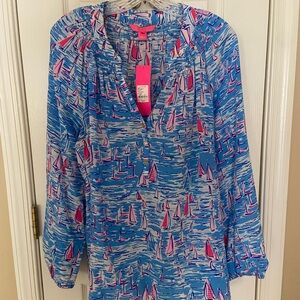 Lilly Pulitzer Sz XL silk Elsa blouse NWT Sailboats